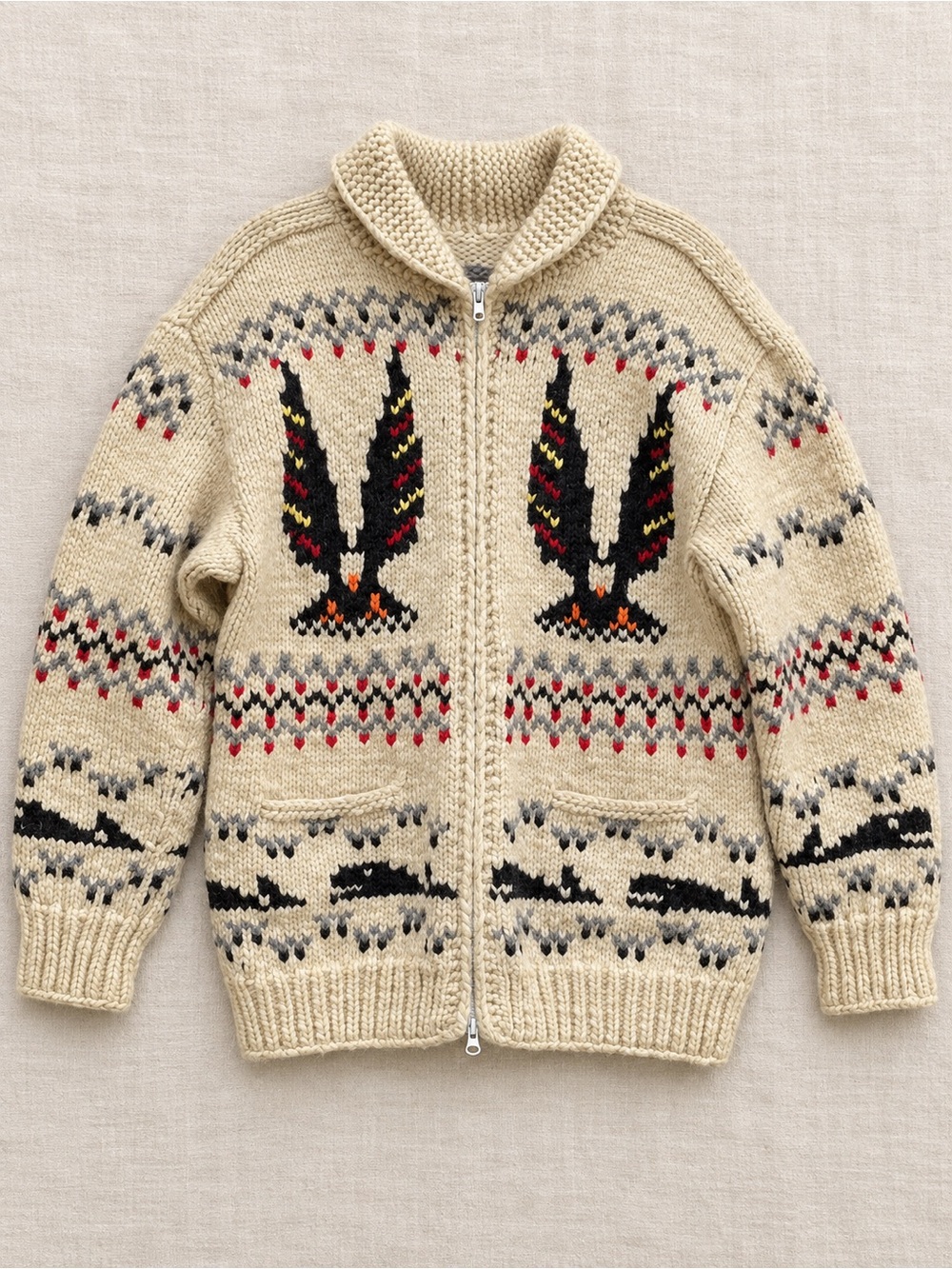 Vintage 1970s Athabascan Handmade Wool Cowichan Style Eagle Sweater Men 2XL